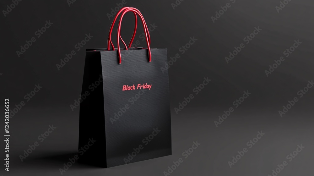 Poster elegant black shopping bag with red handles standing on dark background for black friday