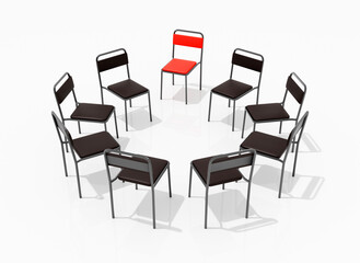 Fototapeta premium Highly Detailed 3D Render of a Support Group Meeting Setting, Featuring an Intimate Circle of Chairs in a Calm, Minimalistic Environment, Perfect for Concepts of Mental Health and Emotional Support