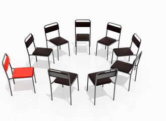 Highly Detailed 3D Render of a Support Group Meeting Setting, Featuring an Intimate Circle of Chairs in a Calm, Minimalistic Environment, Perfect for Concepts of Mental Health and Emotional Support