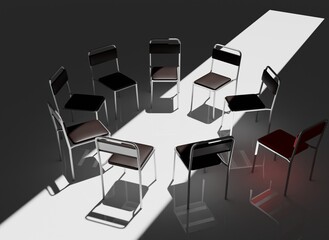 Highly Detailed 3D Render of a Support Group Meeting Setting, Featuring an Intimate Circle of Chairs in a Calm, Minimalistic Environment, Perfect for Concepts of Mental Health and Emotional Support