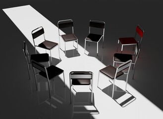 Highly Detailed 3D Render of a Support Group Meeting Setting, Featuring an Intimate Circle of Chairs in a Calm, Minimalistic Environment, Perfect for Concepts of Mental Health and Emotional Support