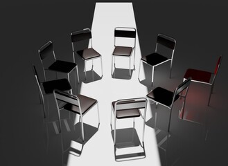Highly Detailed 3D Render of a Support Group Meeting Setting, Featuring an Intimate Circle of Chairs in a Calm, Minimalistic Environment, Perfect for Concepts of Mental Health and Emotional Support