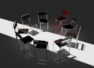 Highly Detailed 3D Render of a Support Group Meeting Setting, Featuring an Intimate Circle of Chairs in a Calm, Minimalistic Environment, Perfect for Concepts of Mental Health and Emotional Support