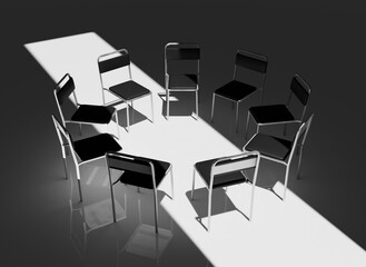 Highly Detailed 3D Render of a Support Group Meeting Setting, Featuring an Intimate Circle of Chairs in a Calm, Minimalistic Environment, Perfect for Concepts of Mental Health and Emotional Support