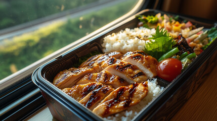 A beautifully arranged bento box with rice, chicken, and vegetables