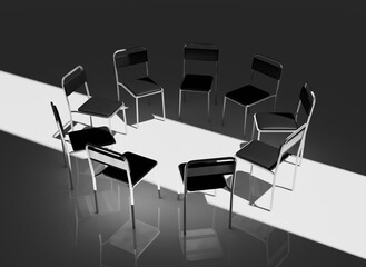 Highly Detailed 3D Render of a Support Group Meeting Setting, Featuring an Intimate Circle of Chairs in a Calm, Minimalistic Environment, Perfect for Concepts of Mental Health and Emotional Support
