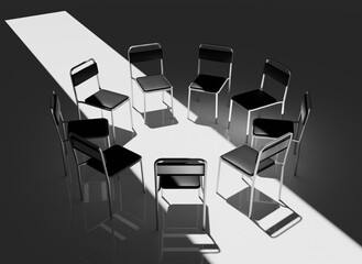 Highly Detailed 3D Render of a Support Group Meeting Setting, Featuring an Intimate Circle of Chairs in a Calm, Minimalistic Environment, Perfect for Concepts of Mental Health and Emotional Support