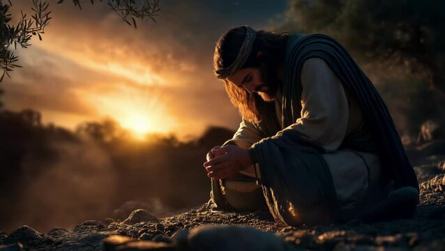 Jesus Christ Kneels in Prayer at the Garden of Gethsemane Under Olive Trees, Biblical New Testament Depiction