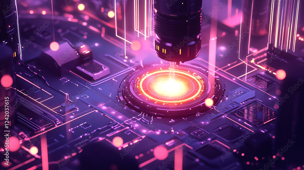 Poster a neon-lit circuit board features a glowing central processor, representing advanced technology and 