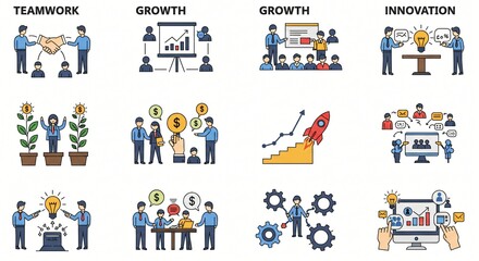Obraz premium Icon sets for business themes like teamwork, growth, and innovation