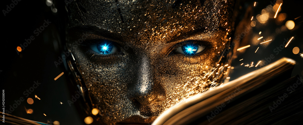 Poster close-up of a futuristic humanoid face with sparkling blue eyes, covered in golden metallic texture.