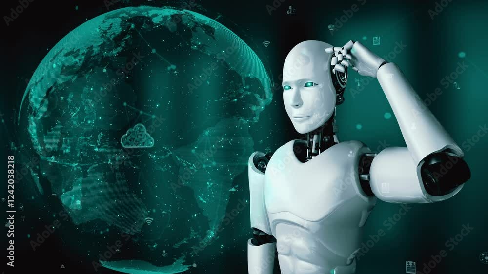Poster ai robot huminoid uses cloud computing technology to store data on online server . futuristic concep