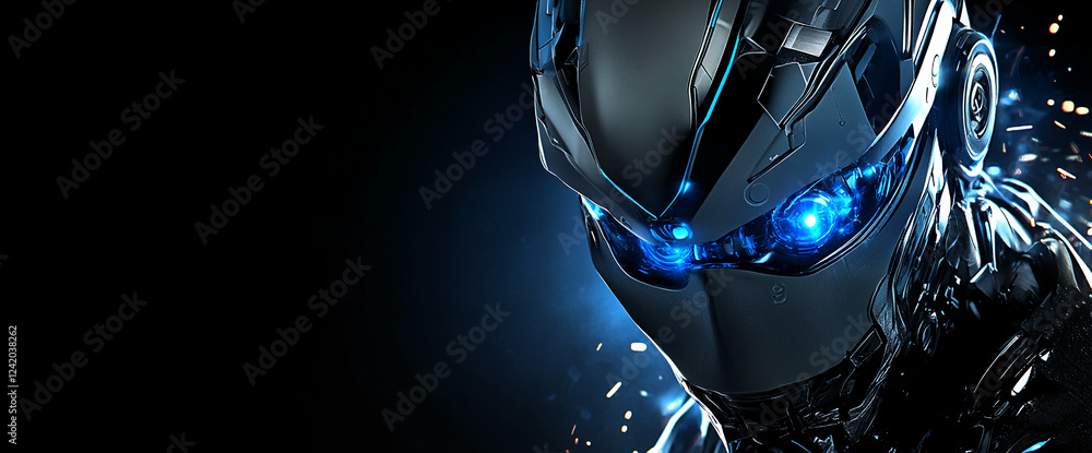 Aufkleber close-up of a futuristic humanoid robot with glowing blue eyes. the robot's body is designed with me
