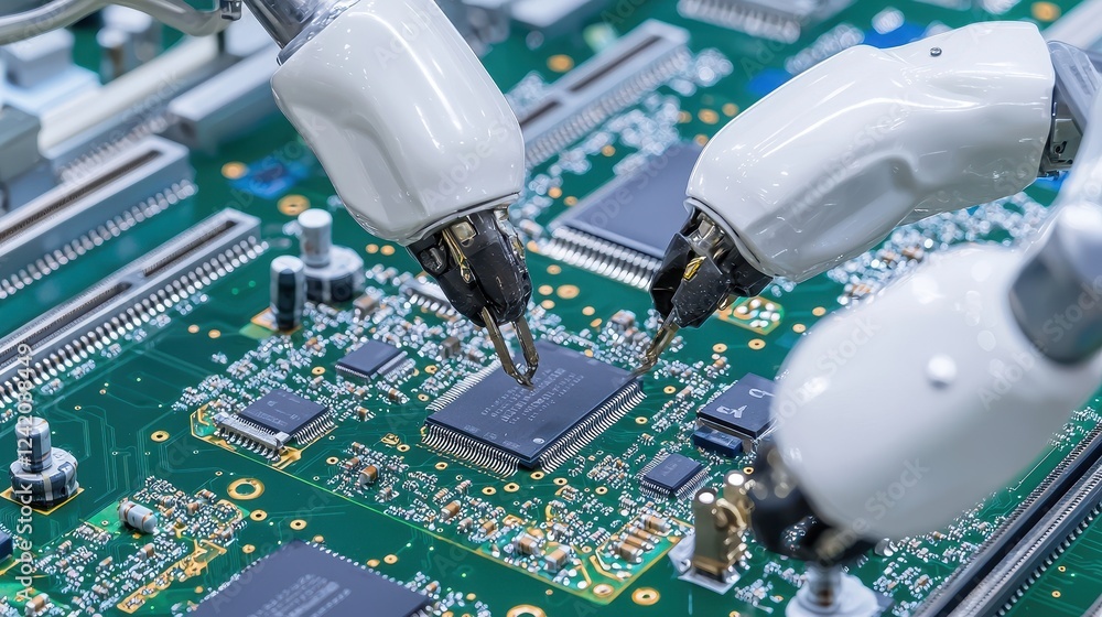 Poster robotic arms assembling circuit board with precision technology