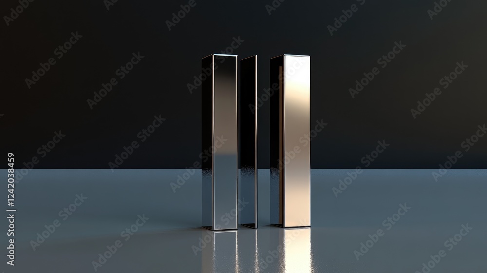 Poster d bar graph with metallic, shiny bars of varying heights on a clean surface, casting shadows to high