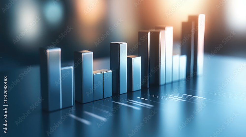Poster d bar graph with metallic, shiny bars of varying heights on a clean surface, casting shadows to high