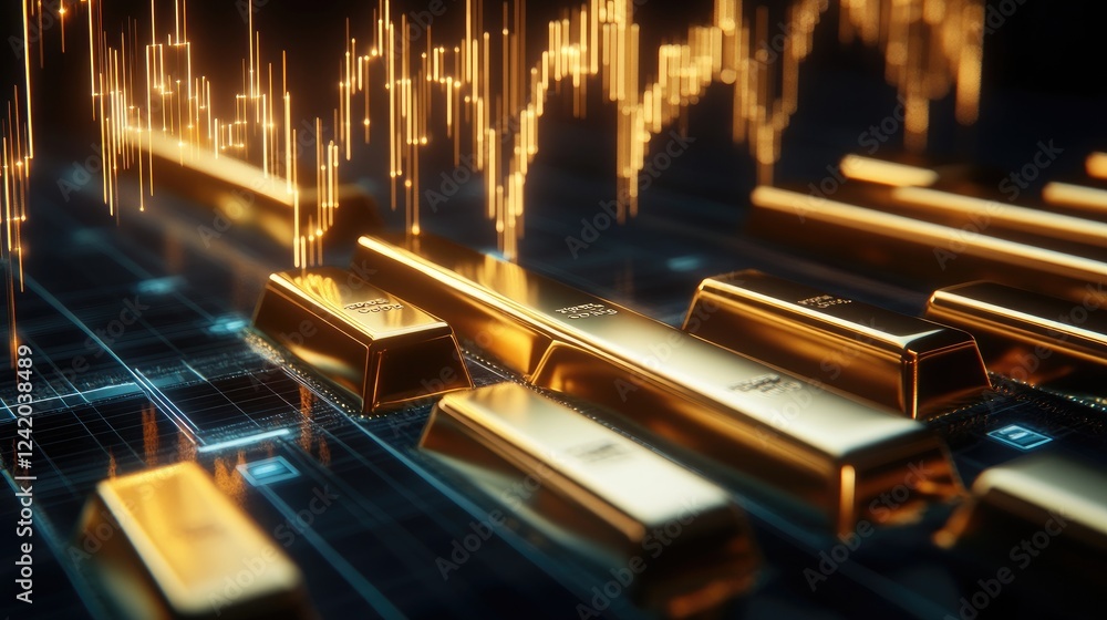 Poster d gold bars with a digital line chart in the background, golden lines showing value increase, perfec
