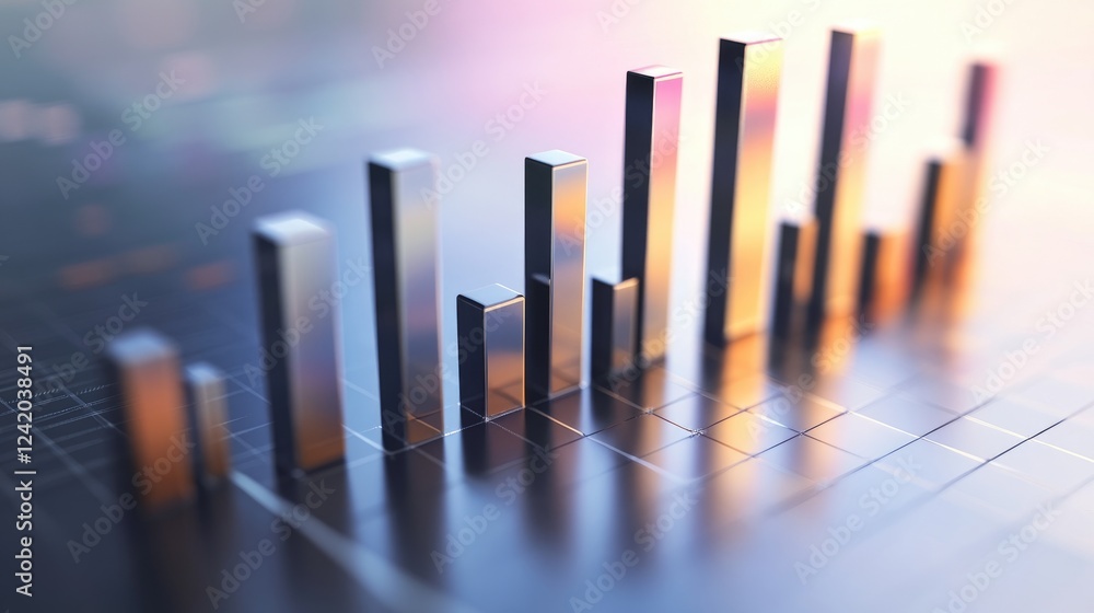 Poster d bar graph with metallic, shiny bars of varying heights on a clean surface, casting shadows to high