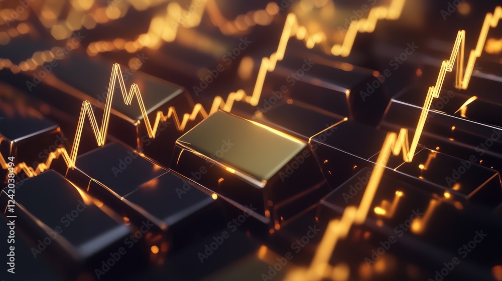 Poster d gold bars with a digital line chart in the background, golden lines showing value increase, perfec