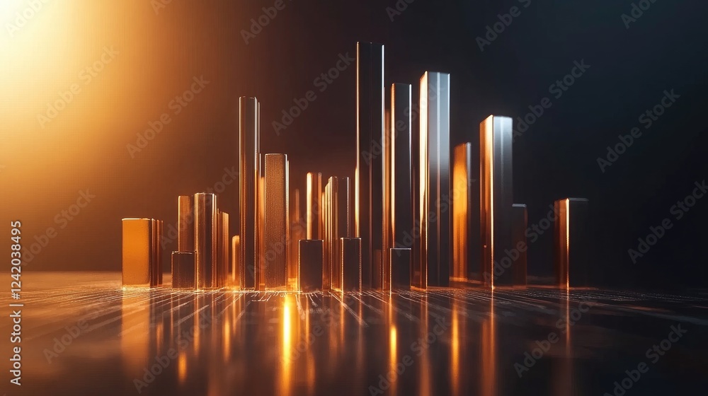 Aufkleber d bar graph with metallic, shiny bars of varying heights on a clean surface, casting shadows to high