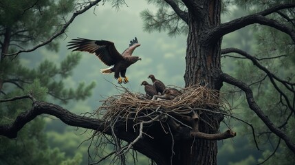 Two Eagles Sitting on Top of a Nest in a Tree - Generative AI