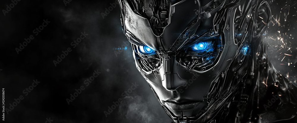 Poster close-up of a futuristic humanoid robot with glowing blue eyes and a sleek metallic body, showcasing