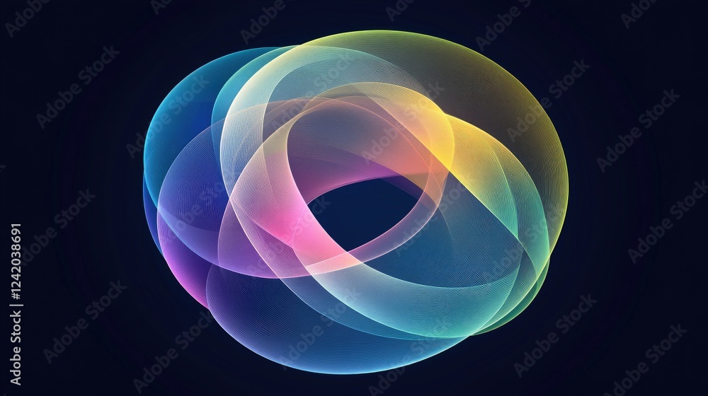 Poster abstract circular gradient graphics, layered with translucent colors on a dark surface, creating an 