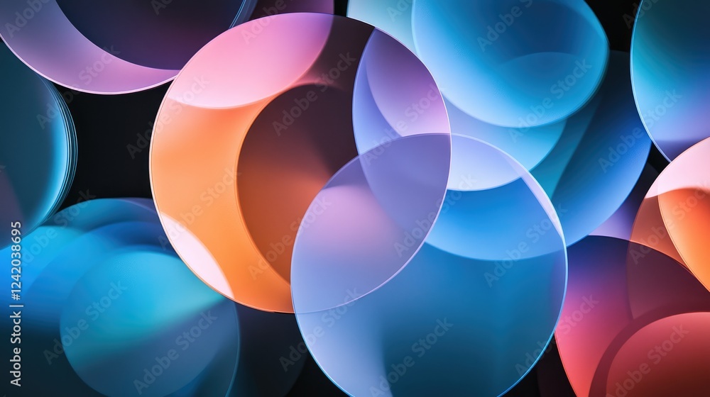 Poster abstract circular gradient graphics, layered with translucent colors on a dark surface, creating an 