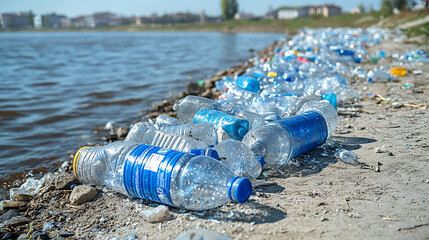 Piles of plastic waste symbolize environmental degradation, chaos, and human negligence against a blurred Earth background, highlighting pollution's impact with space for thought-provoking captions.

