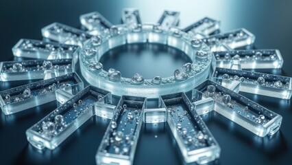 Fototapeta premium Ice sculpture in the shape of a snowflake with melting edges and scattered droplets 