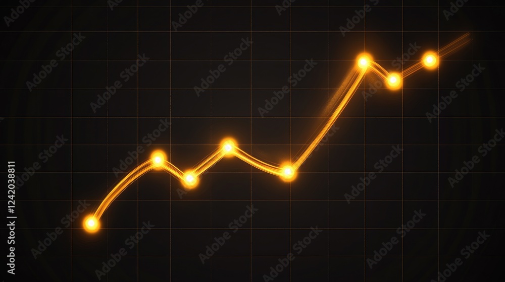 Poster abstract financial line graph with glowing points marking highs and lows on a dark grid background, 
