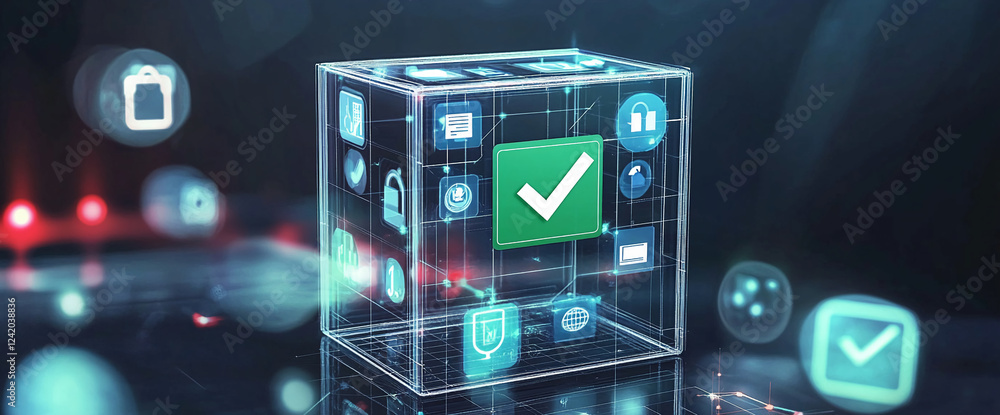 Poster a transparent 3d cube with digital icons, including a green checkmark symbol, representing a virtual