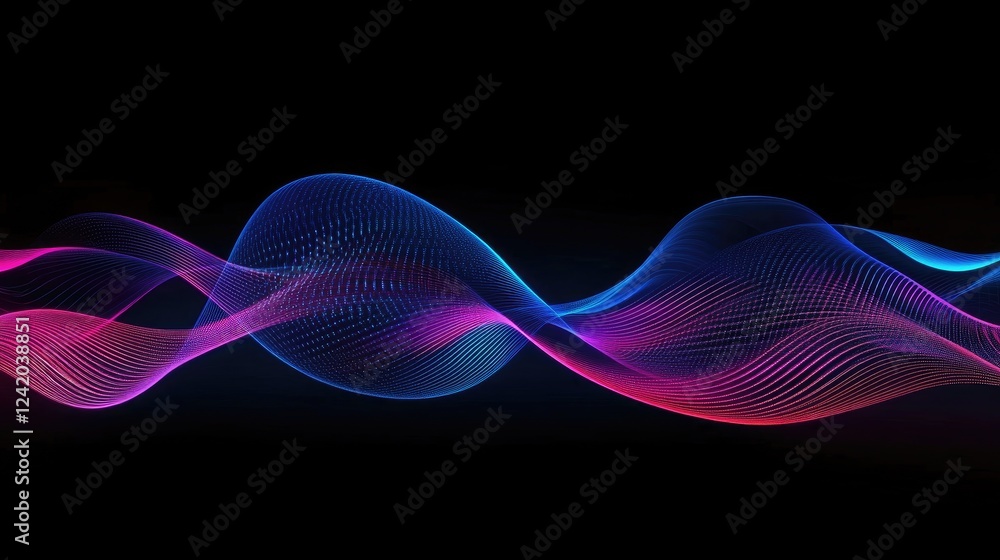 Poster abstract wavy lines in neon colors on a dark background, each line flowing in parallel to create a r