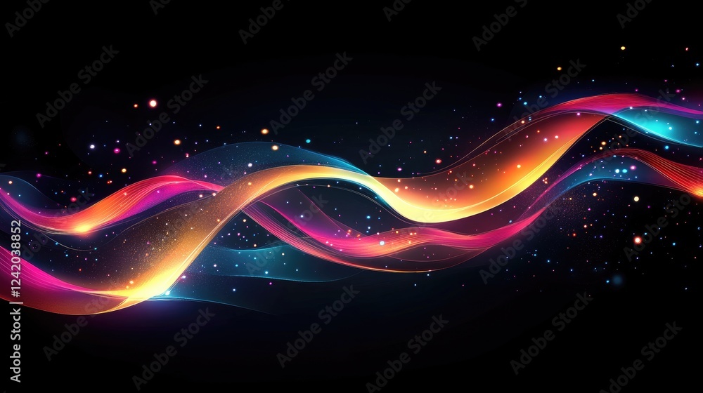 Poster abstract wavy lines in neon colors on a dark background, each line flowing in parallel to create a r