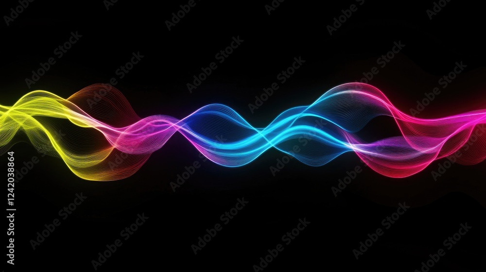 Poster abstract wavy lines in neon colors on a dark background, each line flowing in parallel to create a r
