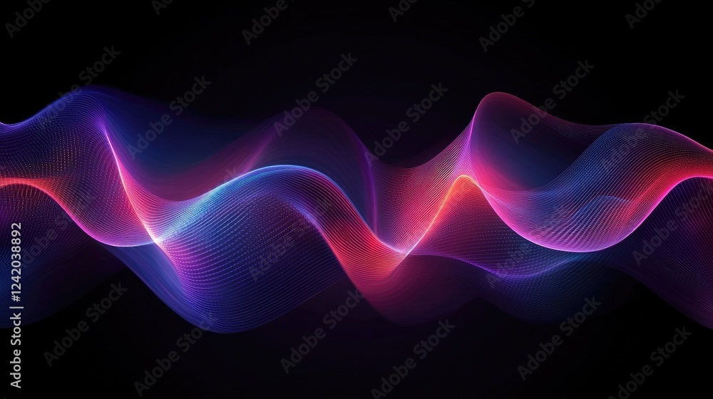 Poster abstract wavy lines in neon colors on a dark background, each line flowing in parallel to create a r