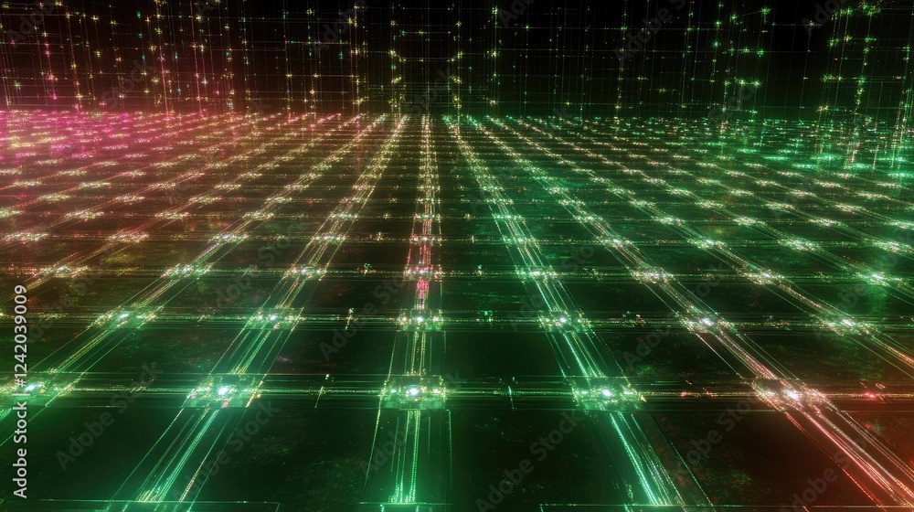 Aufkleber an abstract grid of glowing neon lines on a dark background, with interconnected points forming a fu
