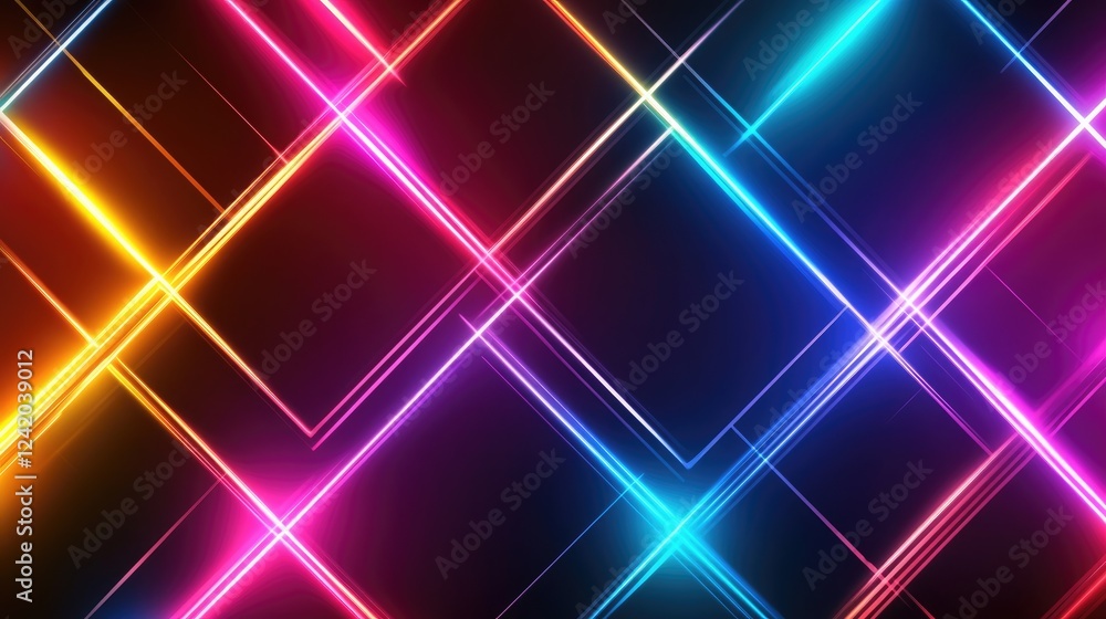 Poster an abstract grid of glowing neon lines on a dark background, with interconnected points forming a fu