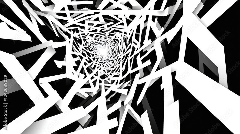Poster an abstract maze of white lines on a black background, forming intricate geometric shapes and creati