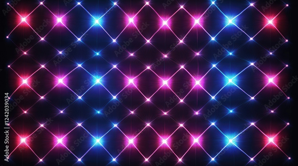 Poster an abstract grid of glowing neon lines on a dark background, with interconnected points forming a fu