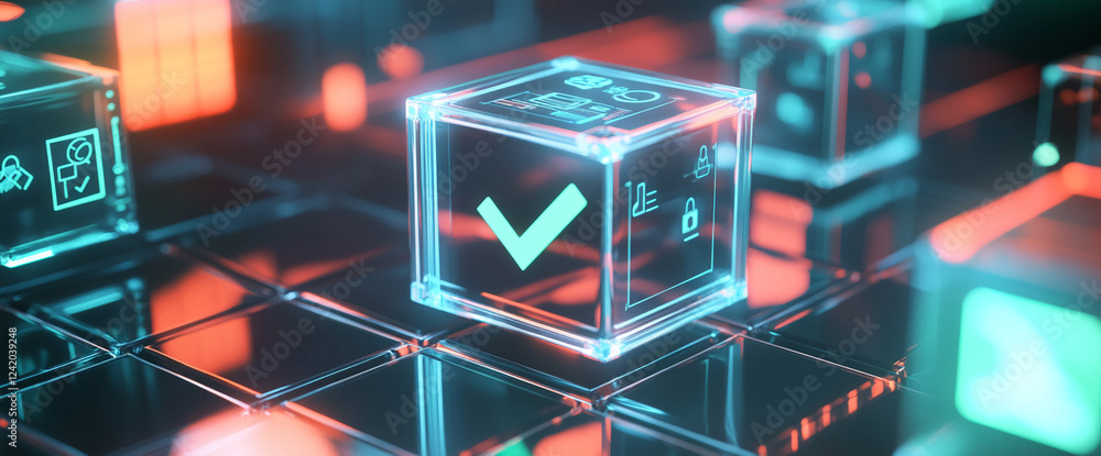Aufkleber A glowing transparent 3D cube with a green checkmark, surrounded by floating icons in a digital environment, symbolizing data validation, approval, and security in a modern network.