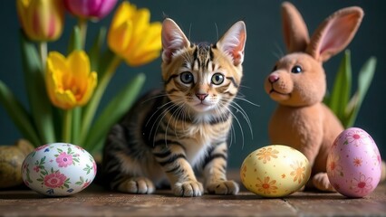 A playful cute Bengal kitten and a plush bunny sits next to Easter eggs and bright spring flowers. Easter