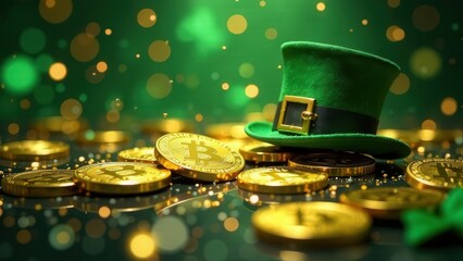 Golden bitcoins falling into the abyss with sparkling lights and a green hat. Happy St. Patrick's Day. Leprechaun Trap