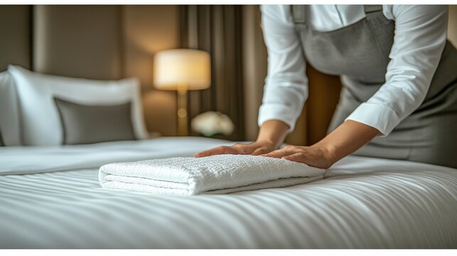 Hotel Maid Adjusting Towels Luxurious Hotel Room Photography Indoor Close-Up Hospitality Excellence