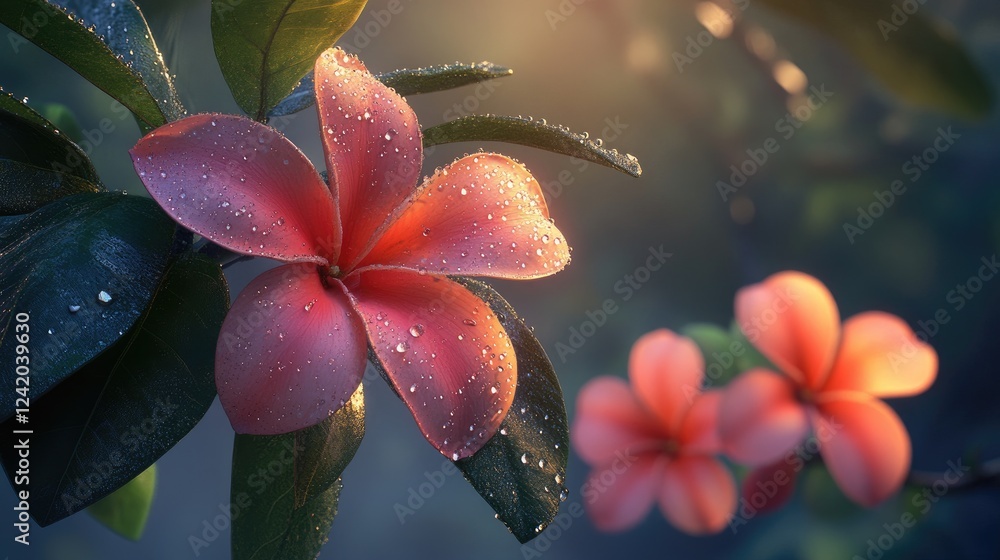 Poster an enchanting view of a cluster of flowers with shimmering water droplets, surrounded by a soft mist