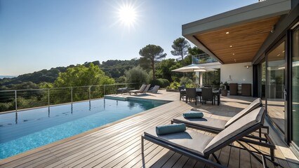 Fototapeta premium Amazing deck and pool in modern home backyard 