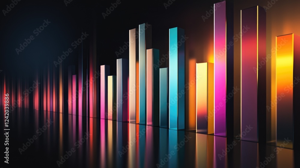 Poster a d bar chart with tall bars in sleek metallic colors on a dark background, casting subtle reflectio