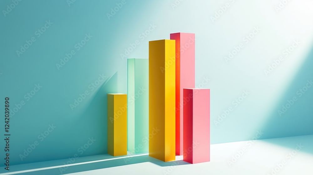 Poster a d bar graph with tall, colorful bars on a white surface, each casting shadows to create depth, rep