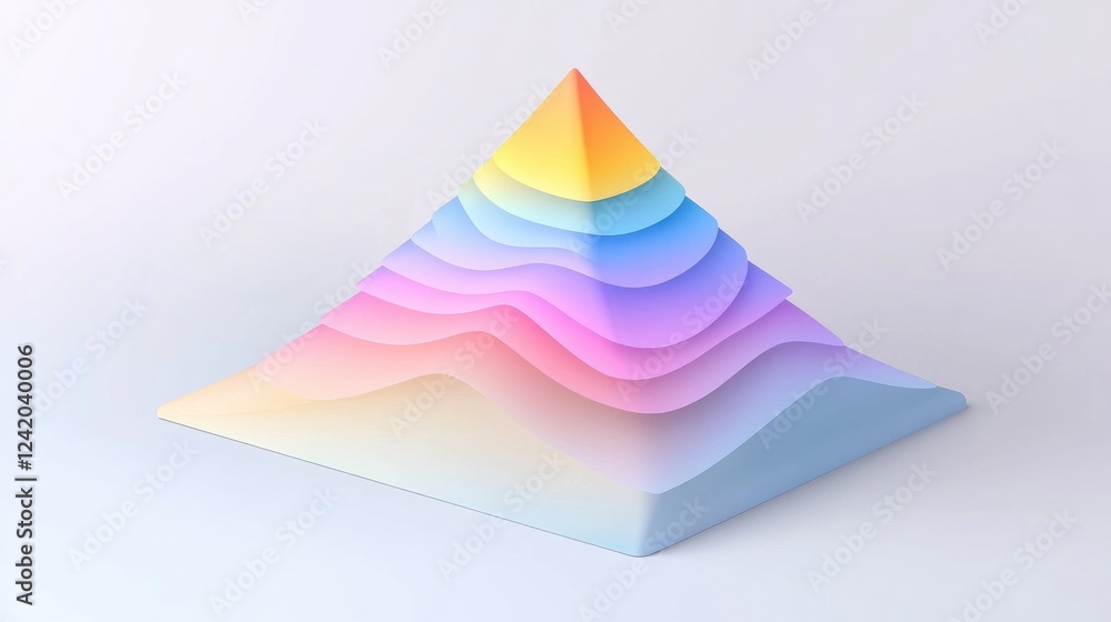 Poster a d pyramid chart with smooth gradients, each level representing business strategy steps, displayed 