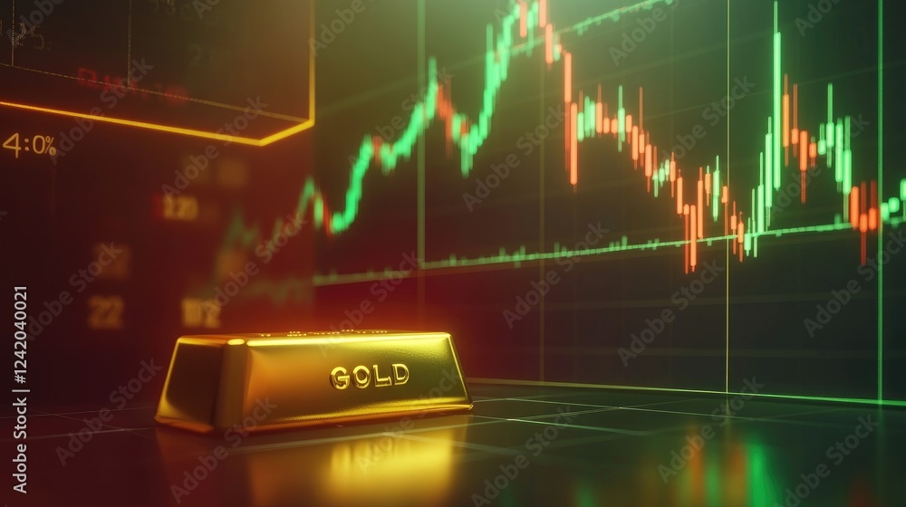 Poster a d render of a gold bar beside a price chart with green and red lines, symbolizing fluctuating gold